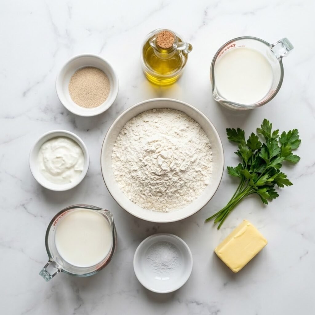 Square overhead view of raw ingredients for Turkish bread, including flour, yeast, warm milk, olive oil, Greek yogurt, butter, and parsley, neatly arranged on a white marble counter. No hands are present.