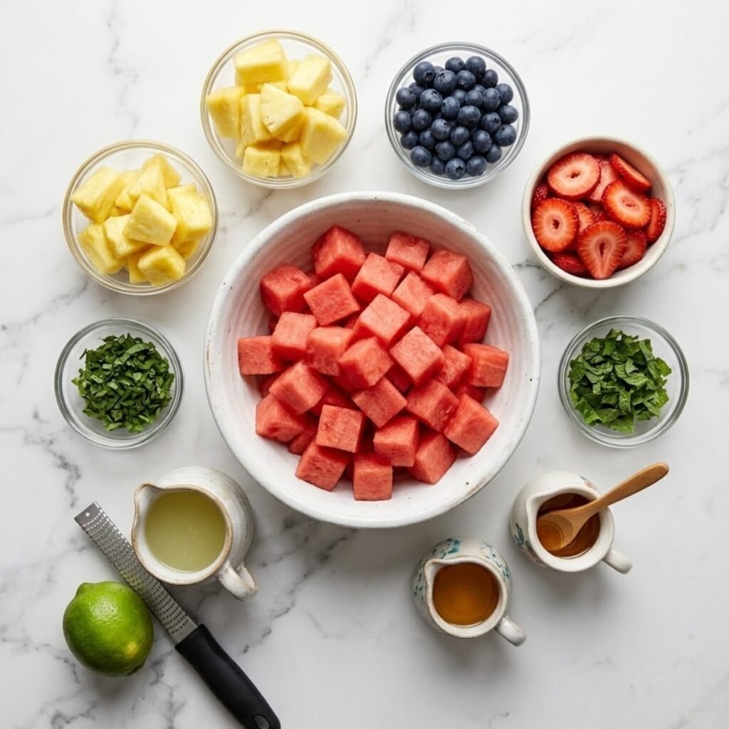 Square overhead view of raw ingredients for a watermelon fruit salad, including watermelon cubes, pineapple chunks, blueberries, sliced strawberries, chopped fresh mint, lime juice, and honey, all arranged neatly on a white marble counter. No hands are present.