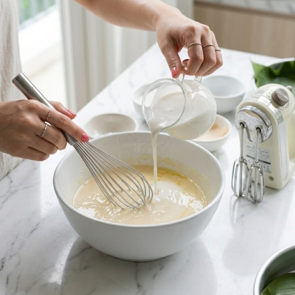 Square high-angle shot focusing on a young woman's hands with baby pink manicured nails using a whisk to combine coconut milk and eggs in a glass bowl on a white marble counter.