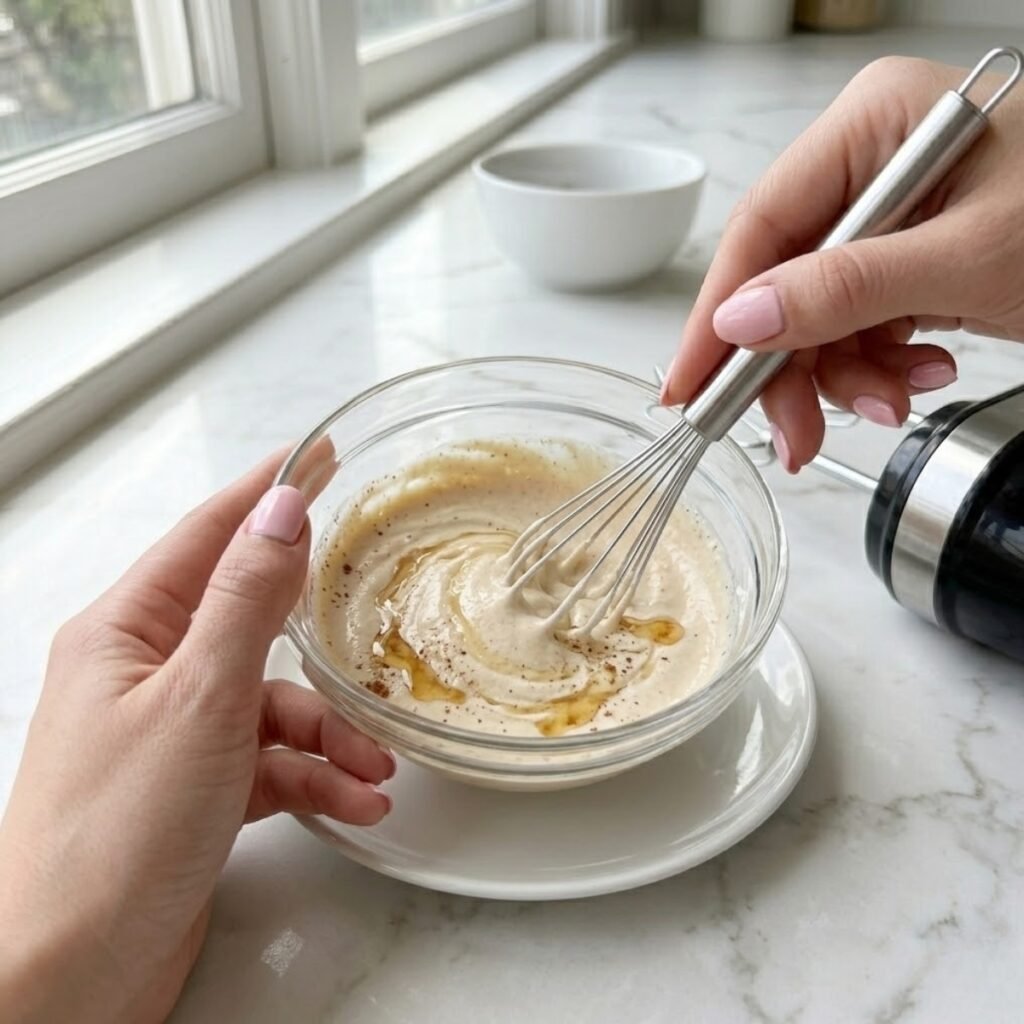 Square high-angle shot focusing on a young woman's hands with baby pink manicured nails using a whisk to mix ricotta, honey, and cinnamon in a glass bowl on a white marble counter.