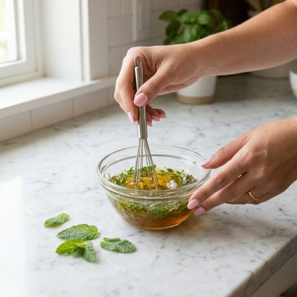 Square high-angle shot focusing on a young woman's hands with baby pink manicured nails using a whisk to combine lime juice, honey, and chopped mint in a small glass bowl on a white marble counter.