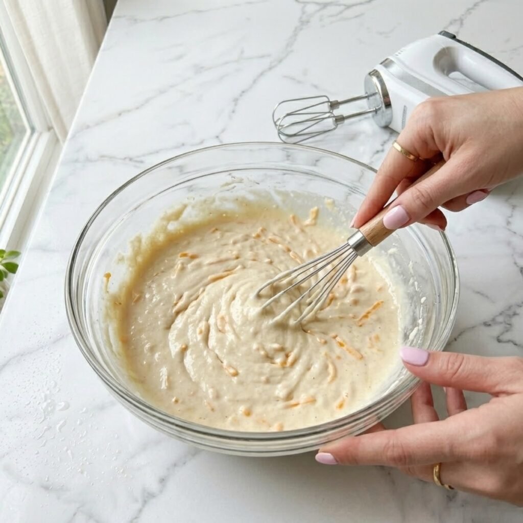 Square high-angle shot focusing on a young woman's hands with baby pink manicured nails using a whisk to mix pancake batter with cheese and maple syrup in a glass bowl on a white marble counter.
