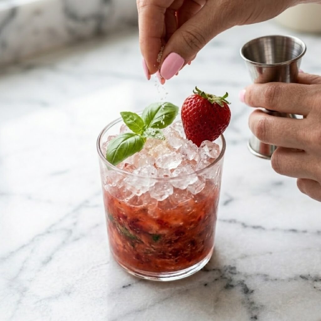 Square close-up focusing on a young woman's hand with baby pink manicured nails using a jigger to carefully add a final sprinkle of coarse sugar onto the top of a short rocks glass overflowing with crushed ice, a Strawberry Basil Smash cocktail, a whole strawberry, and a basil sprig, sitting on a white marble counter.