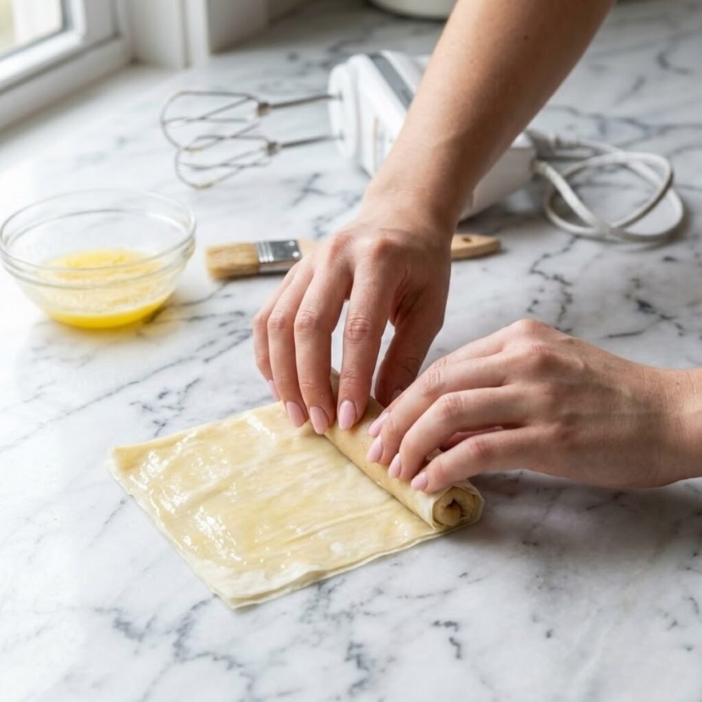 Square close-up shot focusing on a young woman's hands with baby pink manicured nails as she rolls a cohesive almond paste log tightly within a buttered phyllo rectangle, forming a cigar shape, revealing the established hand features on a white marble counter. The cutting board and marble texture are continued.