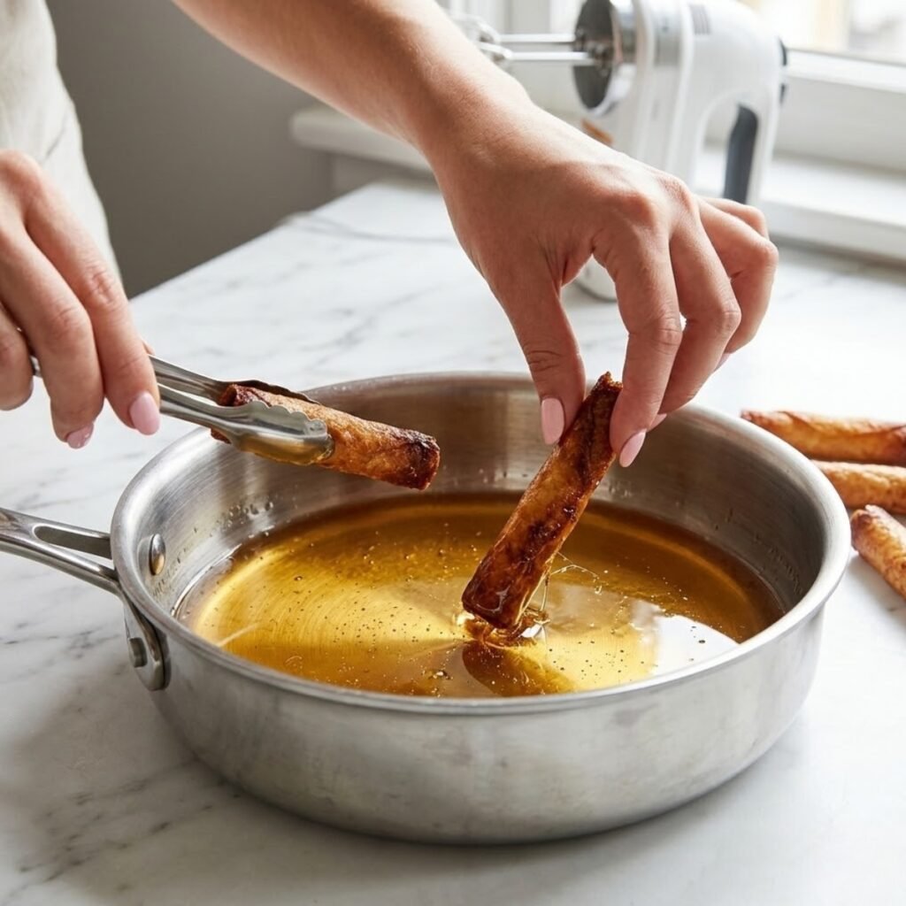 Square high-angle close-up focusing on a young woman's hands with baby pink manicured nails using tongs to hold and actively dip a hot, crispy golden-brown baked almond cigar into glistening warm honey in a shallow pan, revealing the established hand features on a white marble counter. Bubbles are forming.