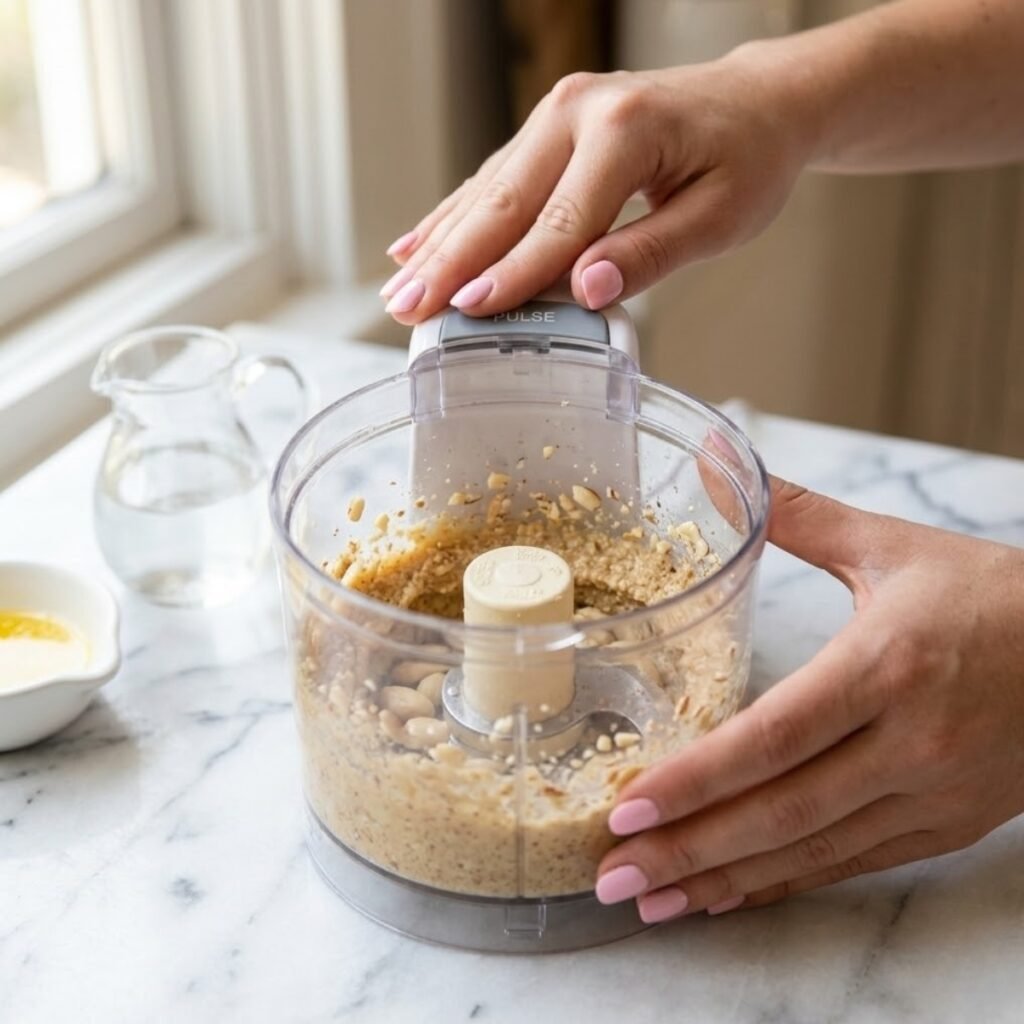 Square close-up focusing on a woman's hands with baby pink manicured nails as she operates a small food processor, pulsing a cohesive almond paste mixture into a light tan, finely ground consistency. A measuring cup and dish of butter are nearby on the white marble counter.