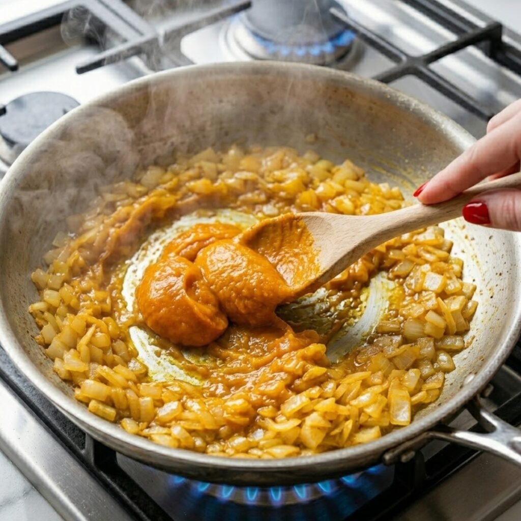 Thick orange aji amarillo paste being stirred into sautéed onions in a skillet, intensifying the golden color of the sauce base.