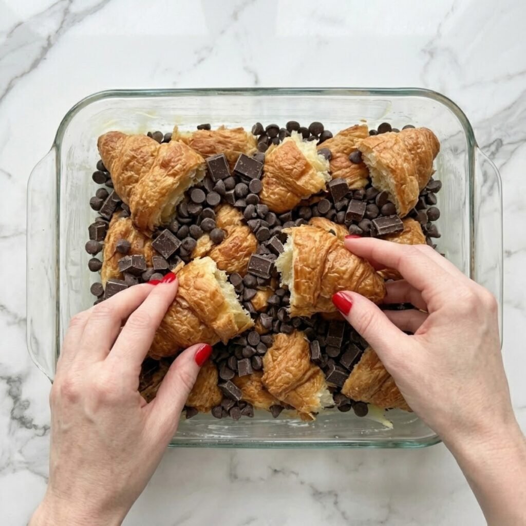 A close-up top-down view of a woman with classic red nails placing large chunks of flaky day-old croissants and scattering dark chocolate chunks and chips into a butter-greased glass 9x13 baking dish on a white marble counter.