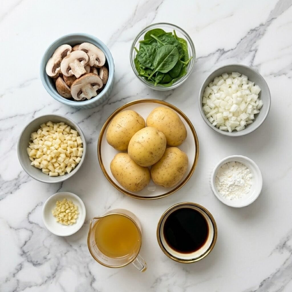 An overhead shot of pre-measured ingredients for baked potatoes with mushrooms, including Yukon Gold potatoes, sliced cremini mushrooms, fresh spinach, diced onions, minced garlic, vegetable broth, soy sauce, and cornstarch, all arranged in varied, colorful premium bowls and dishes on a high-end white marble counter.