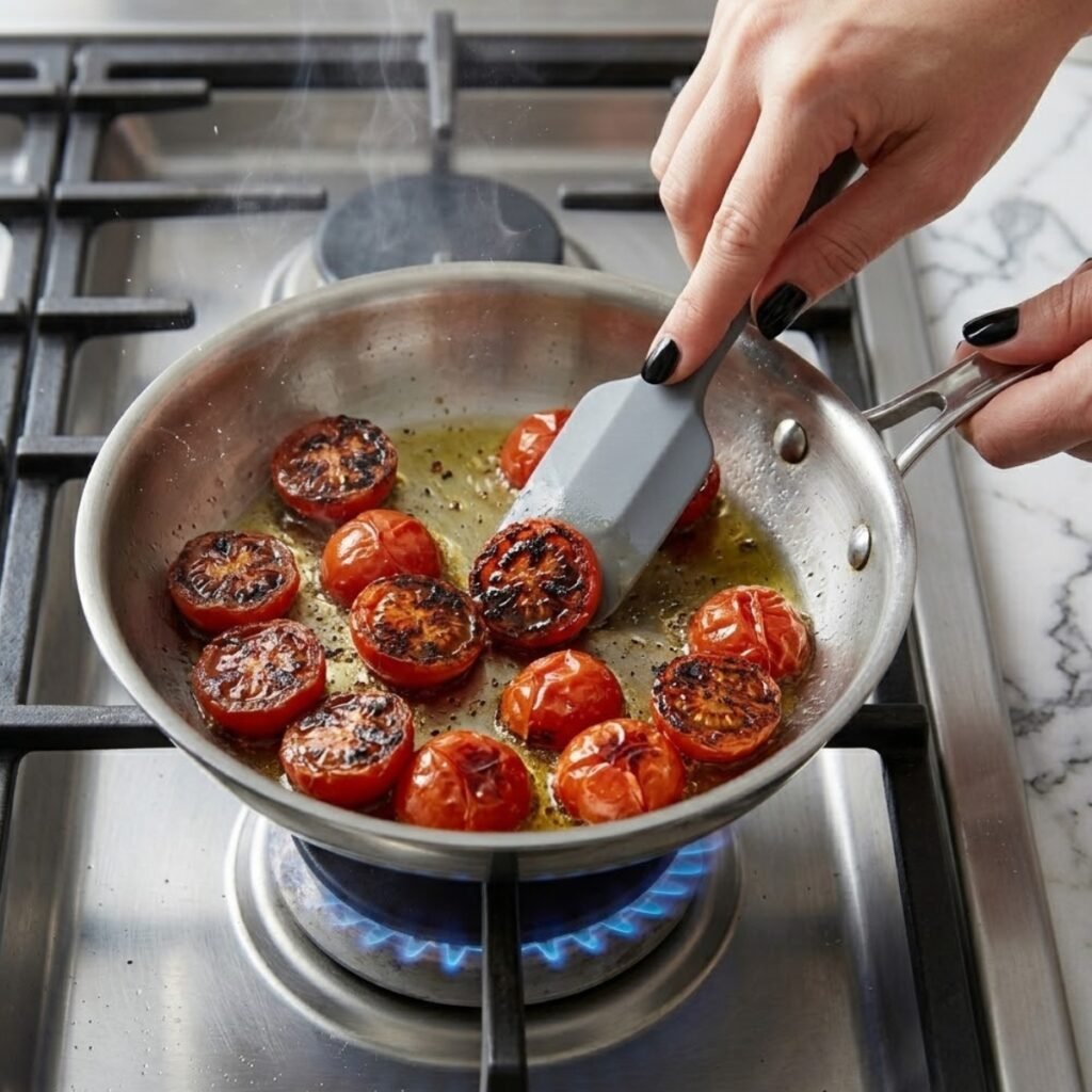 Close-up of halved cherry tomatoes being pressed into a hot pan with a spatula to create caramelized edges and blistered skins.