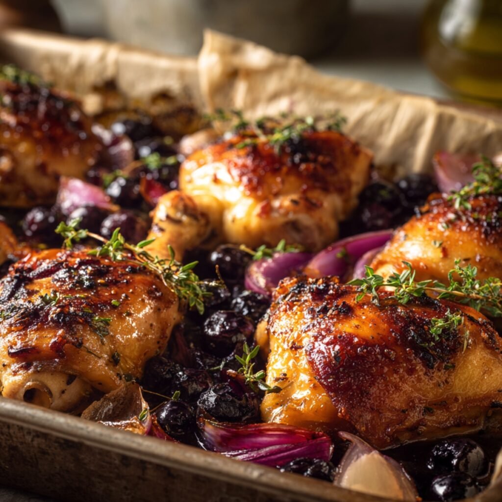 A rustic baking pan of golden roasted blueberry thyme chicken thighs surrounded by juicy roasted blueberries and red onion wedges, garnished with fresh thyme sprigs, lined with parchment paper.