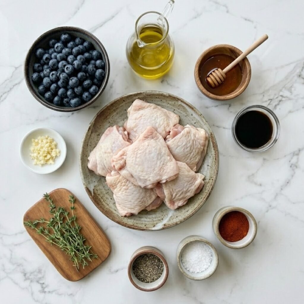 Overhead view of pre-measured ingredients for Blueberry Thyme Chicken, including bone-in chicken thighs, fresh blueberries, honey, balsamic vinegar, garlic, and fresh thyme sprigs, arranged in assorted premium bowls on a modern white marble kitchen counter.
