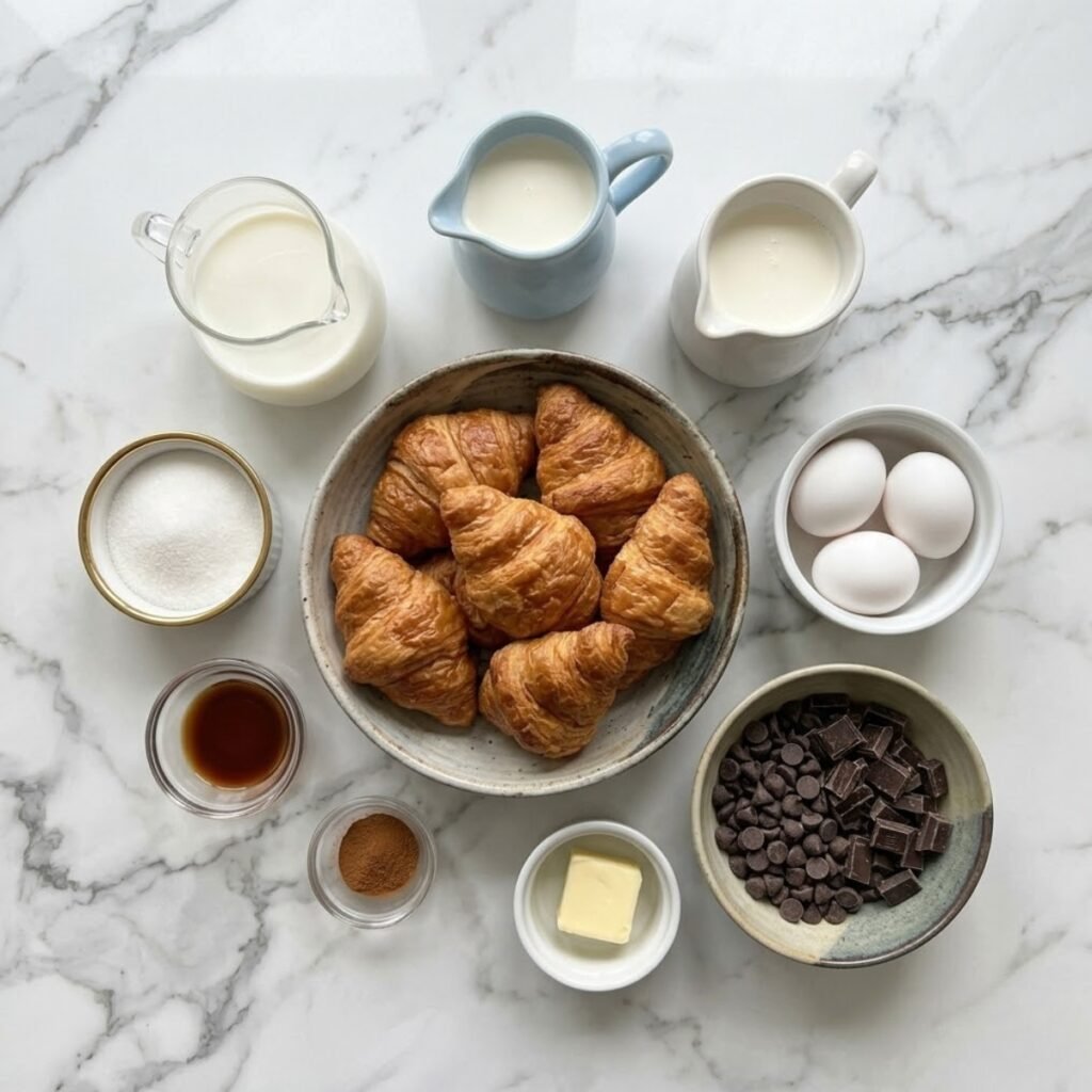 An overhead shot of pre-measured ingredients for chocolate croissant breakfast bake, including day-old croissants, eggs, milk, cream, sugar, vanilla, cinnamon, and semi-sweet and dark chocolate chunks, arranged in varied premium bowls and pitchers on a white marble counter.