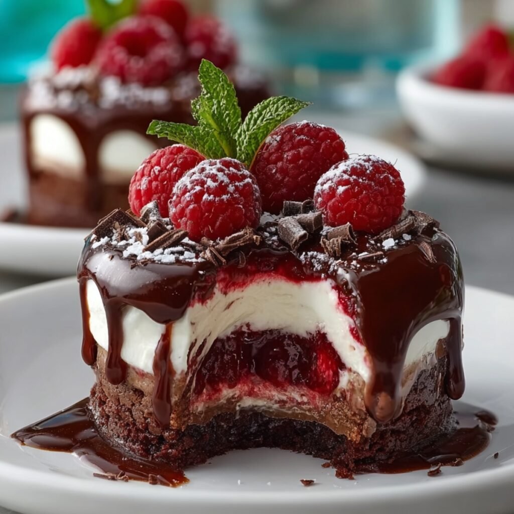 A chocolate raspberry cheesecake dome on a white plate, with a chocolate cake base, revealing layers of creamy cheesecake and raspberry filling, draped in dark chocolate ganache and topped with fresh raspberries, chocolate shavings, powdered sugar, and a mint sprig.