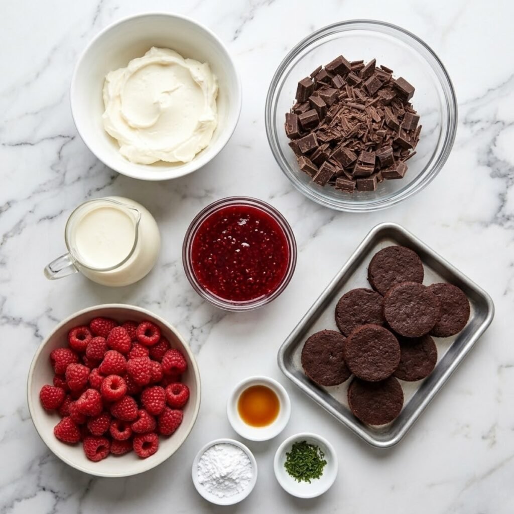 Overhead view of dessert ingredients including cream cheese, dark chocolate, fresh raspberries, brownie rounds, and cream in white and glass dishes on a marble counter.