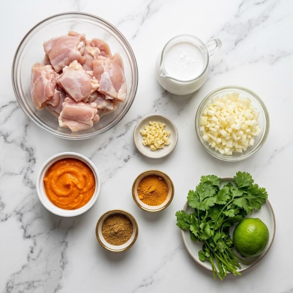 Top-down view of ingredients for Peruvian yellow chicken curry including aji amarillo paste, coconut cream, chicken chunks, spices, and fresh garnish in bowls on a marble counter.