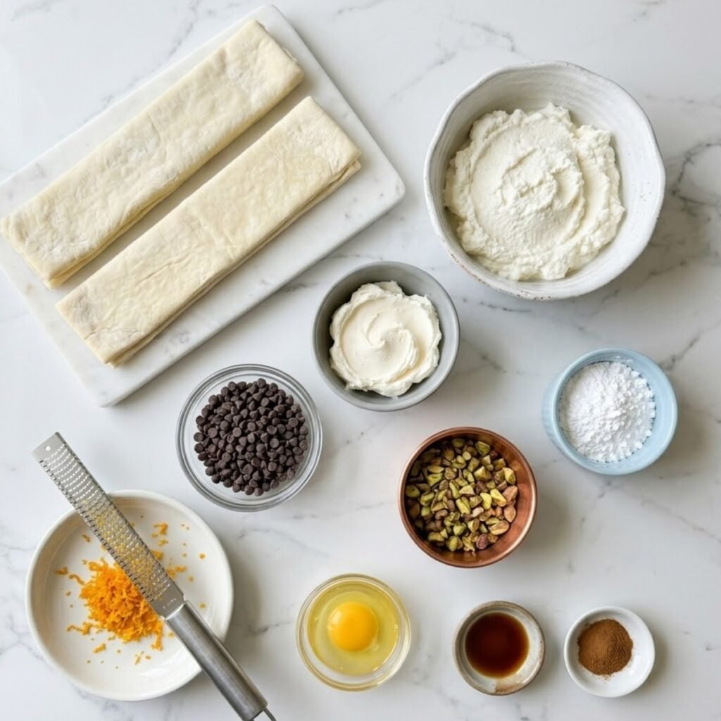 Overhead shot of pre-measured ingredients for cannoli squares, including puff pastry, drained ricotta, mascarpone, mini chocolate chips, pistachios, orange zest, and vanilla, arranged in various premium dishes on a white marble counter.