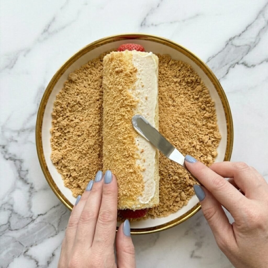 An overhead top-down close-up view of a woman with Fog Blue nails spreading a thin layer of cream cheese filling as glue onto a chilled strawberry sushi roll log, and then gently rolling the log through crushed graham cracker crumbs to cover the exterior, on a white marble counter.