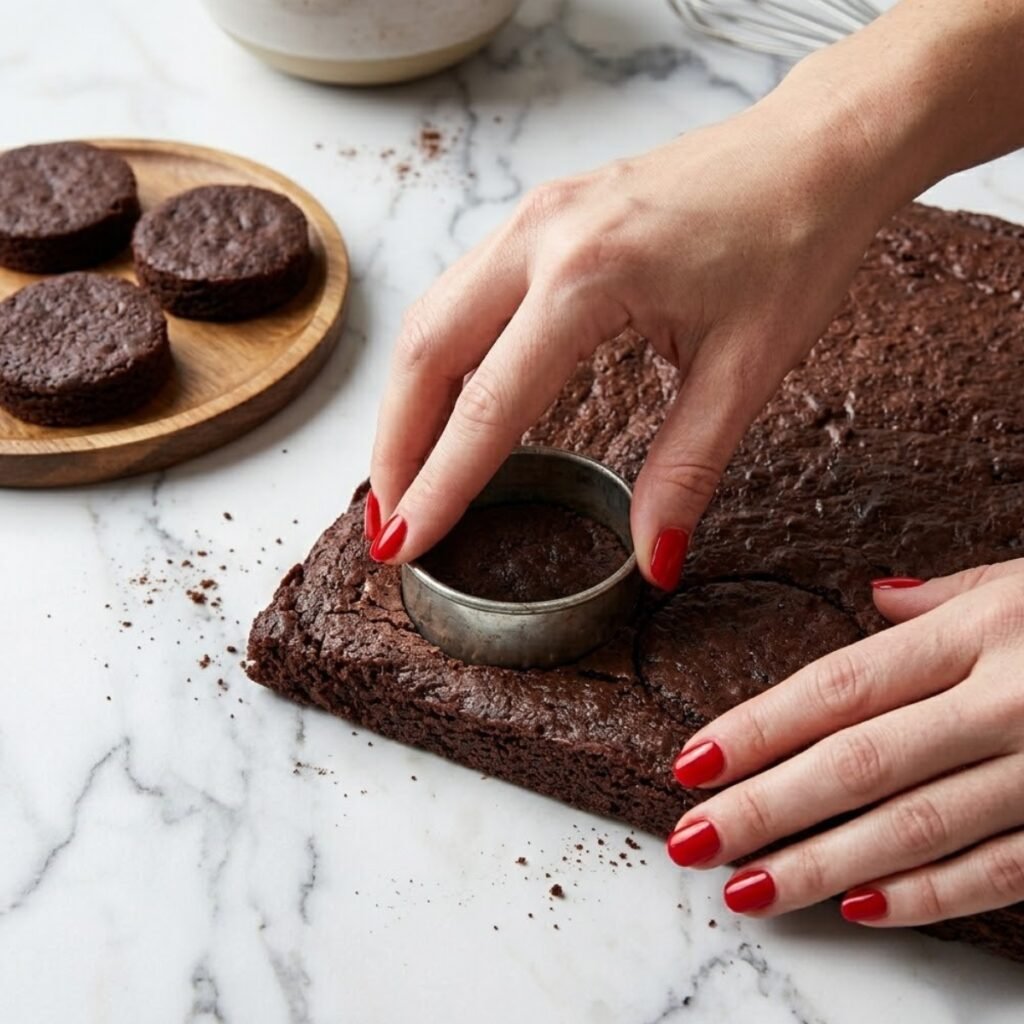 Close-up of hands with red nails using a metal cutter to create circular brownie bases from a flat sheet on a marble surface.