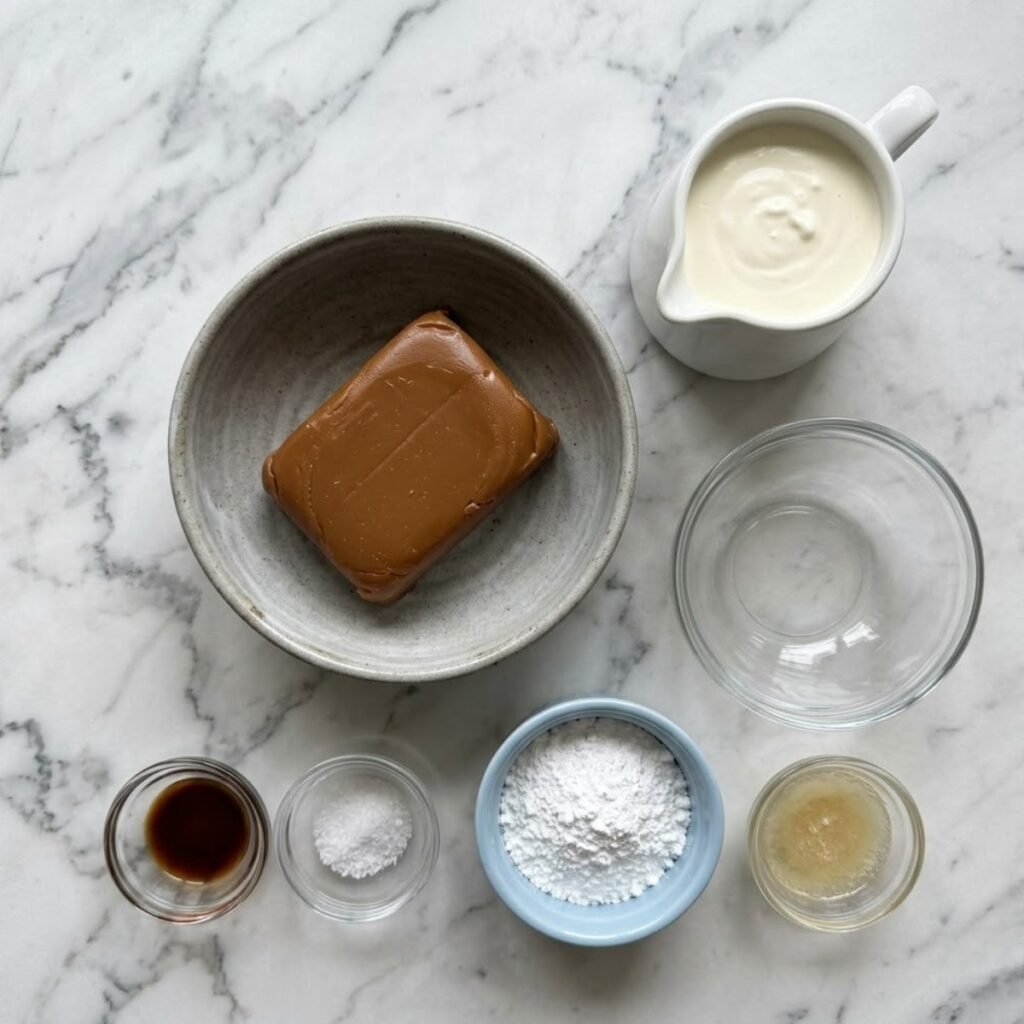 An overhead shot of pre-measured ingredients for dulce de leche mousse, including dulce de leche, heavy whipping cream, vanilla extract, powdered sugar, fine sea salt, and gelatin powder, arranged in various premium dishes and bowls on a white marble counter.
