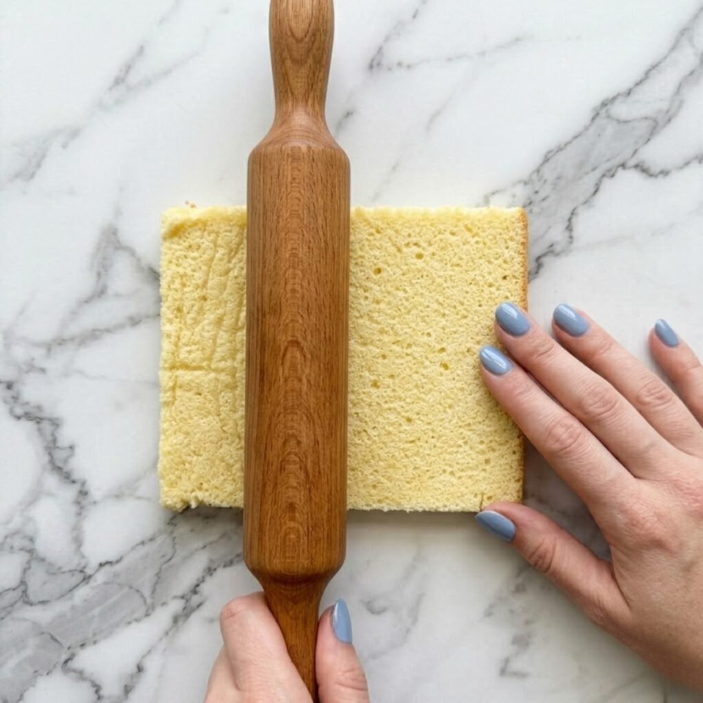 An overhead top-down close-up view of a woman with Fog Blue nails flattening a slice of thin sponge cake with a rolling pin on a white marble kitchen counter, preparing it as the base for a dessert sushi roll.