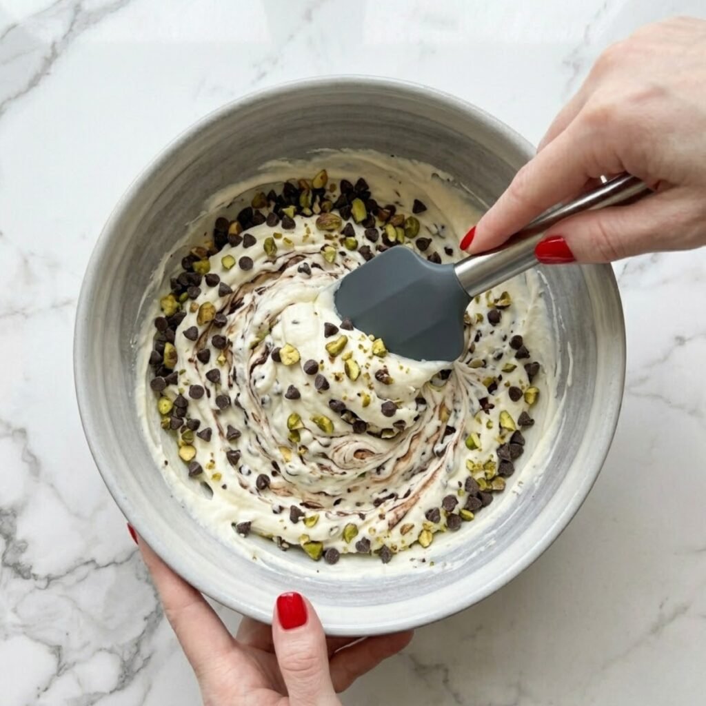 Close-up top-down view of hands with Classic Red nails using a spatula to fold mini chocolate chips and chopped pistachios into thick ricotta-mascarpone cream in a large ceramic bowl on a white marble counter.