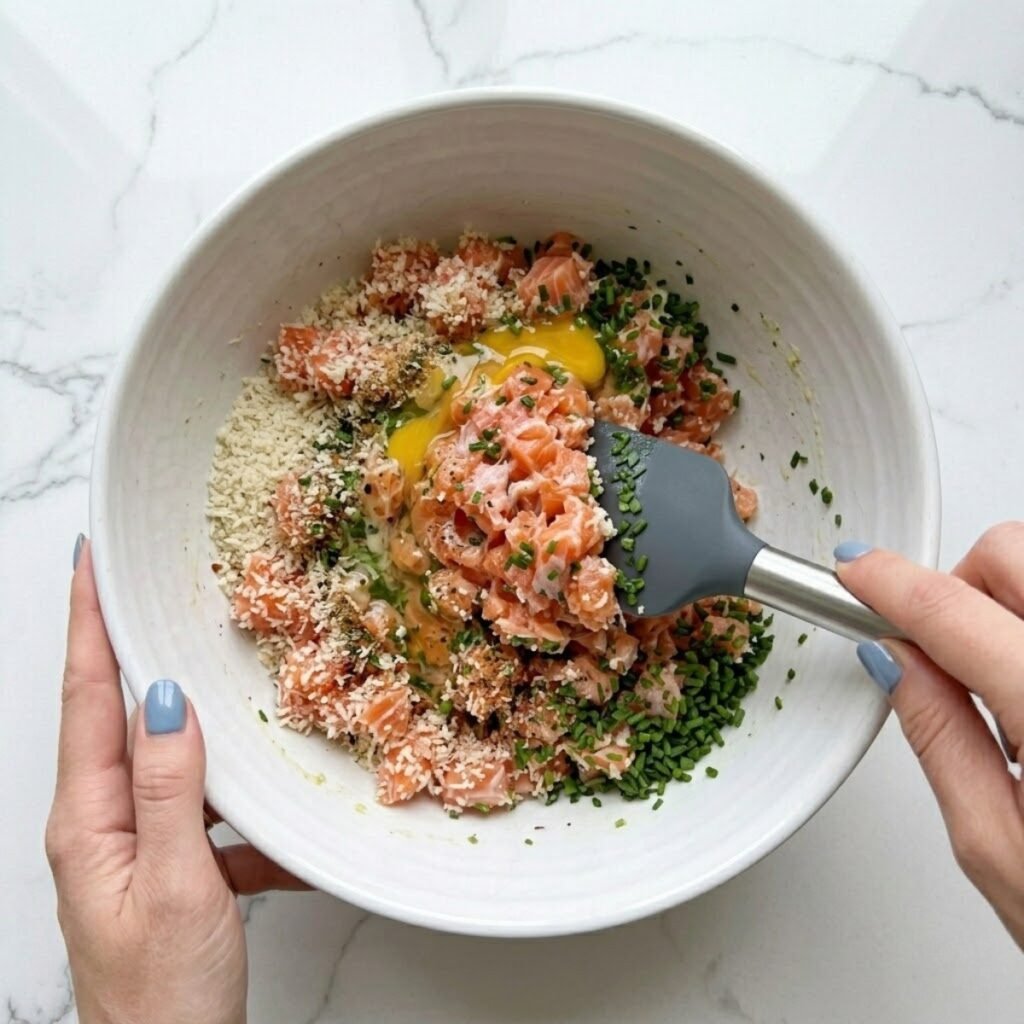 An overhead top-down close-up view of a woman with fog blue nails using a silicone spatula to gently fold hand-chopped salmon, panko, egg, and herbs inside a large ceramic mixing bowl on a white marble kitchen counter.