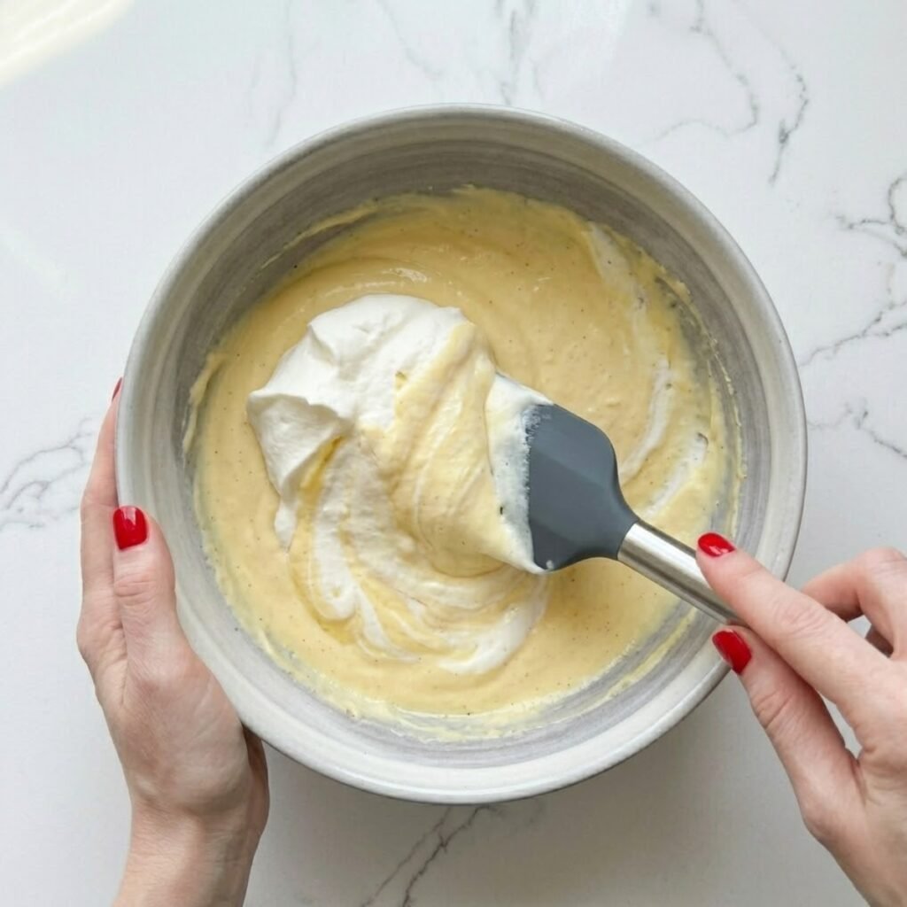 An overhead top-down close-up view of a woman with classic red nails using a wide rubber spatula to fold soft-peak whipped cream into a cooled Bavarian custard base inside a large ceramic mixing bowl on a modern white marble kitchen counter, creating a light, mousse-like texture.
