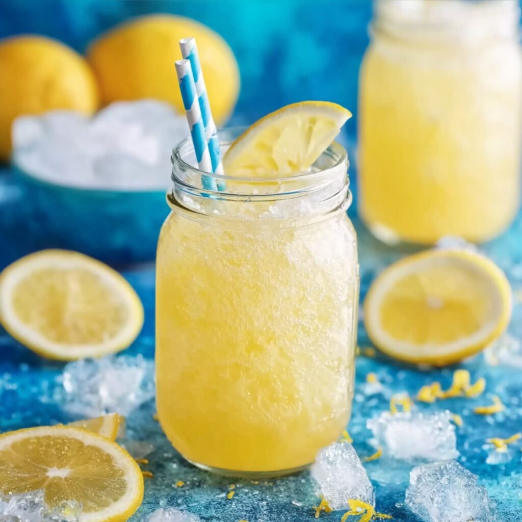 A mason jar of frozen lemonade with a slushy yellow texture, garnished with a lemon wedge and a blue and white striped straw, surrounded by ice cubes, lemon slices, and lemon zest on a vibrant blue surface.