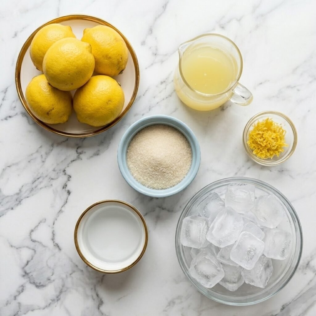 An overhead shot of pre-measured ingredients for homemade frozen lemonade, including fresh lemons, granulated sugar, ice cubes, and cold water, all arranged in varied, colorful premium dishes and bowls on a high-end white marble counter with distinct grey swirling.