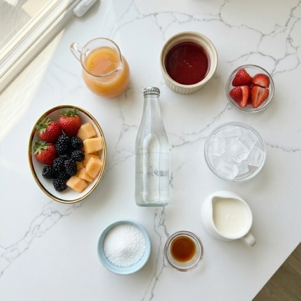 Overhead shot of pre-measured ingredients for fruit irish cream soda, including club soda, peach juice, strawberry syrup, fresh strawberries, heavy cream, and garnish fruits, arranged in varied premium bowls and glasses on a white marble kitchen counter.
