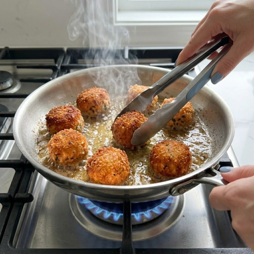 An overhead top-down close-up view of a woman with fog blue nails using tongs to gently turn perfectly spherical salmon balls actively frying in sizzling oil within a stainless steel skillet on a gas stovetop with a blue flame.