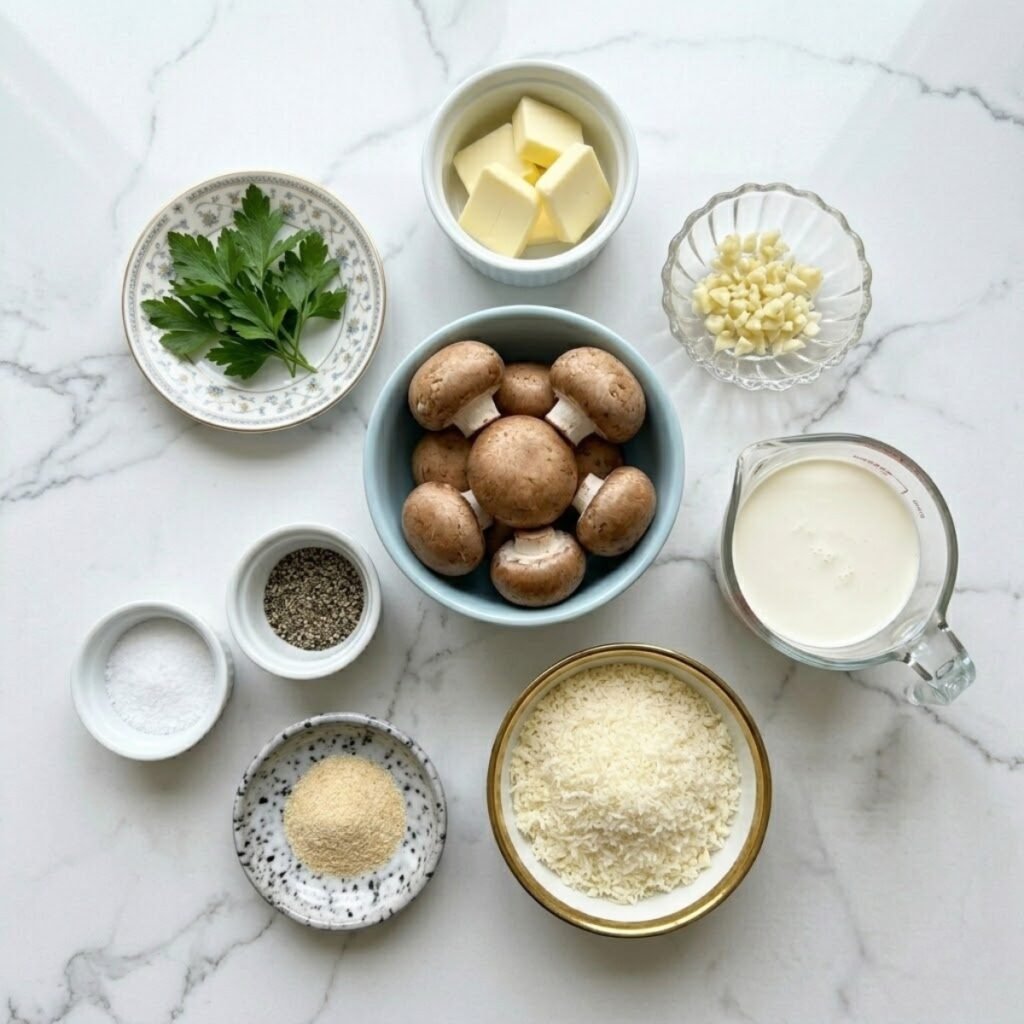 An overhead shot of pre-measured ingredients for garlic parmesan mushrooms, including cremini mushrooms, butter, garlic, heavy cream, parmesan, and onion powder, arranged in various colorful premium bowls and ramekins on a high-end white marble counter with grey veining.