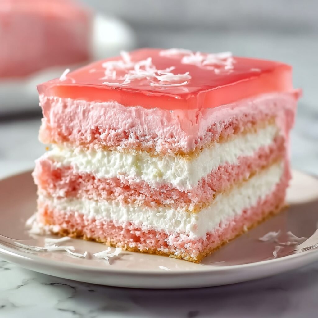 A slice of Hawaiian guava cake on a white plate showing distinct layers of pink guava sponge cake, white cream filling, pink guava mousse, and a glossy pink guava gel topping garnished with shredded coconut, on a marble surface.