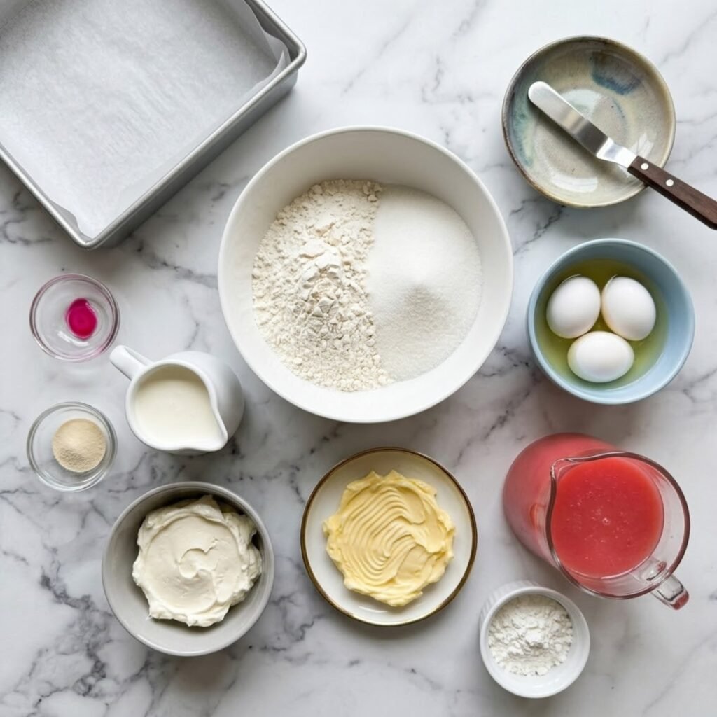 An overhead shot of pre-measured ingredients for Hawaiian Guava Cake, including all-purpose flour, granulated sugar, butter, eggs, guava nectar, cream cheese, heavy whipping cream, gelatin, cornstarch, pink food coloring, and toasted shredded coconut, all organized in visually harmonious premium dishes and bowls on a white marble kitchen counter.