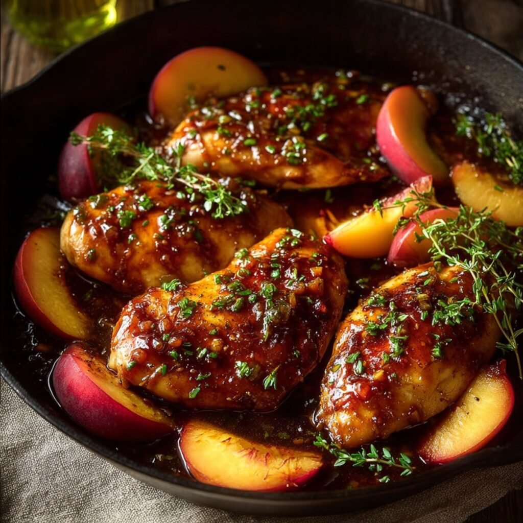 A cast iron skillet of honey butter peach chicken with glazed seared chicken thighs in a rich caramelized sauce, surrounded by fresh peach slices and garnished with fresh thyme sprigs.