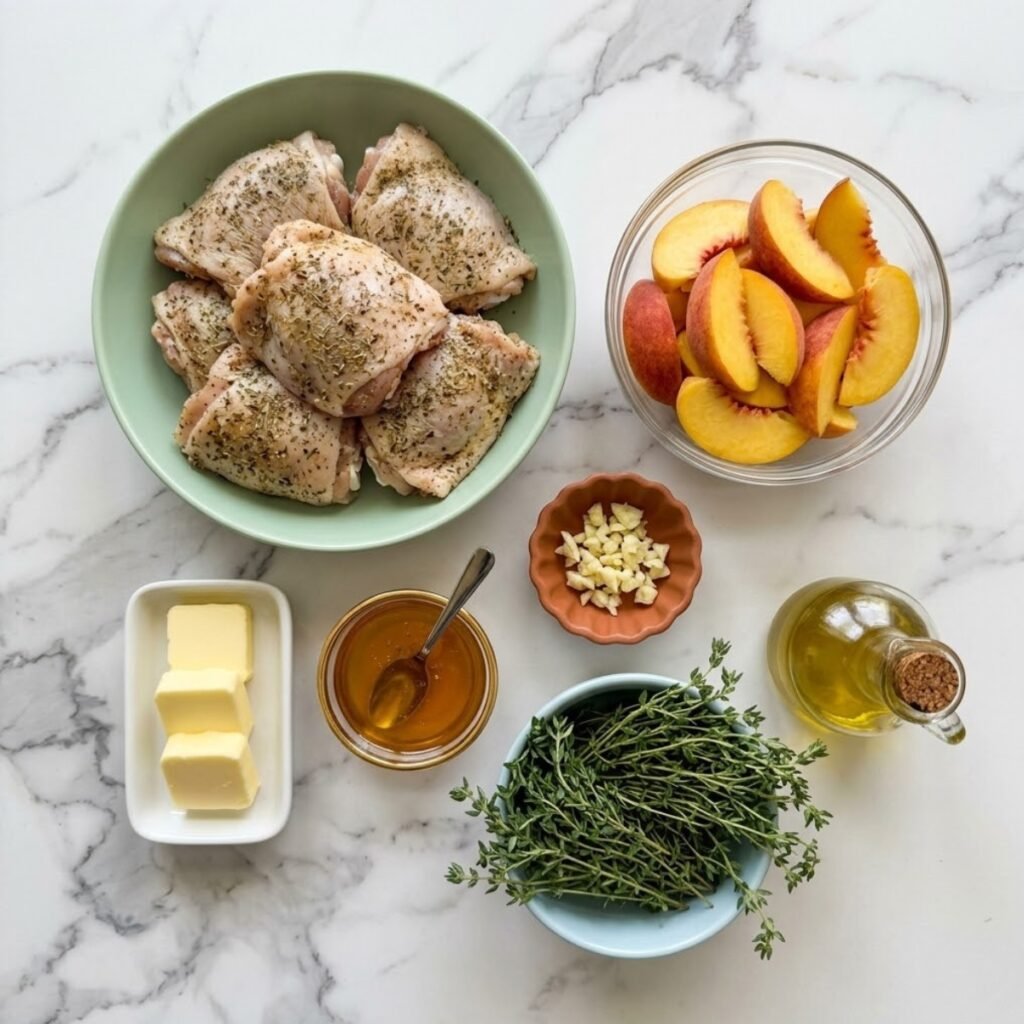 Overhead shot of honey butter peach chicken ingredients including chicken thighs, fresh sliced peaches, butter, honey, minced garlic, fresh thyme, and olive oil in diverse bowls and ramekins on a white marble countertop.