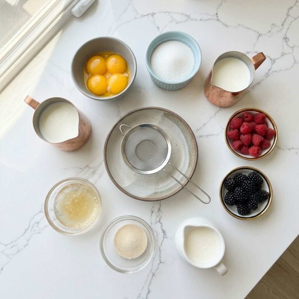 An overhead shot of pre-measured ingredients for Bavarian Cream with Berries, including egg yolks, milk, gelatin, heavy cream, raspberries, blackberries, and blueberries, all arranged in varied premium dishes and bowls on a white marble kitchen counter.