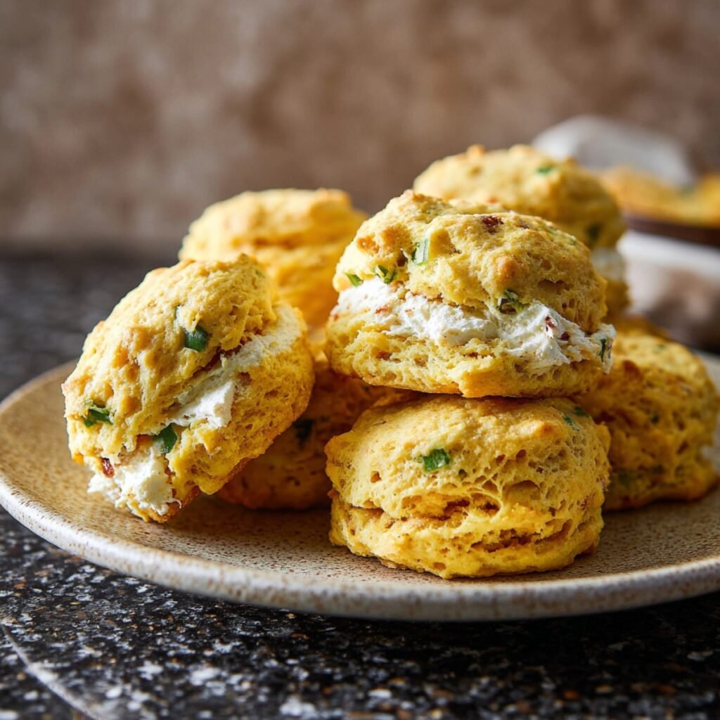 A speckled ceramic plate stacked with golden jalapeño cornbread whoopie pies filled with cream cheese, showing visible flecks of green jalapeño throughout the tender cornbread rounds, on a dark granite surface.