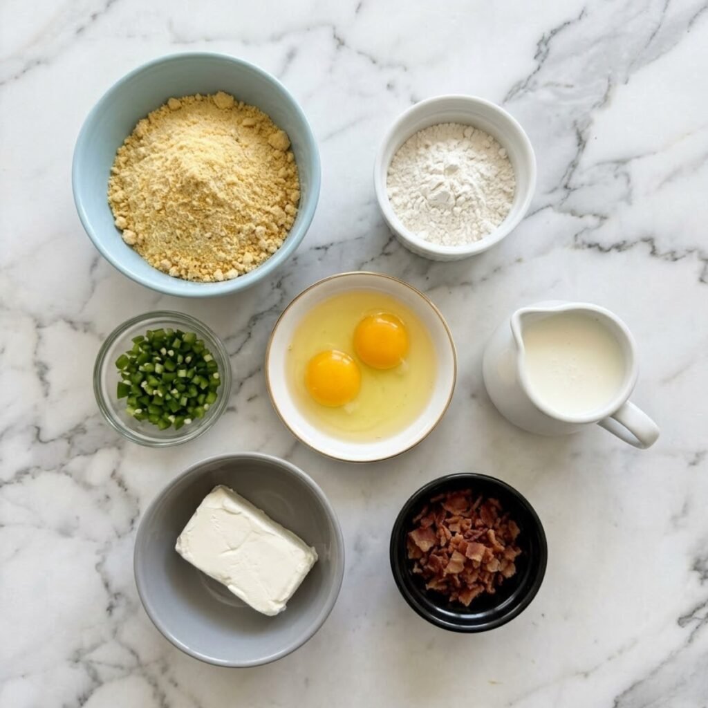 Overhead shot of pre-measured ingredients for jalapeno cornbread whoopie pies, including cornbread mix, fresh diced jalapenos, buttermilk, bacon, and cream cheese, arranged in varied, colorful small bowls on a white marble counter.