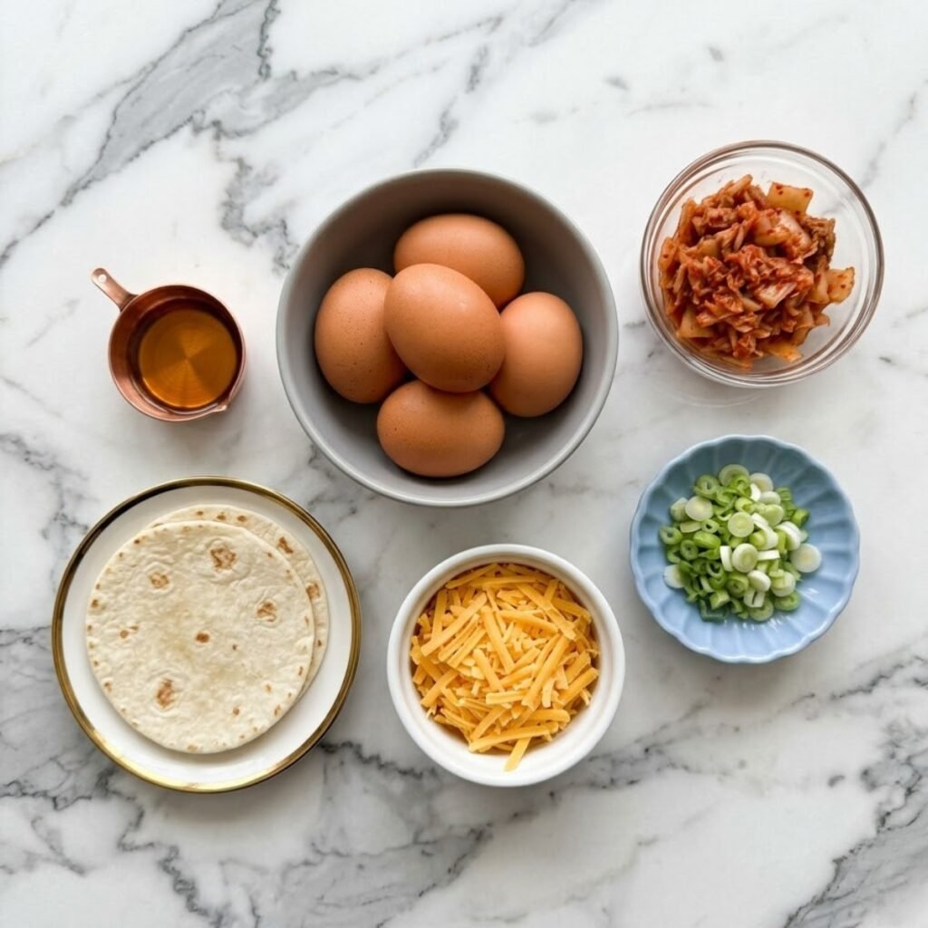 Overhead shot of pre-measured ingredients for kimchi cheddar tortilla eggs, including flour tortillas, raw eggs, chopped kimchi, shredded cheddar cheese, sesame oil, and sliced green onions, arranged in various small premium dishes on a white marble counter.