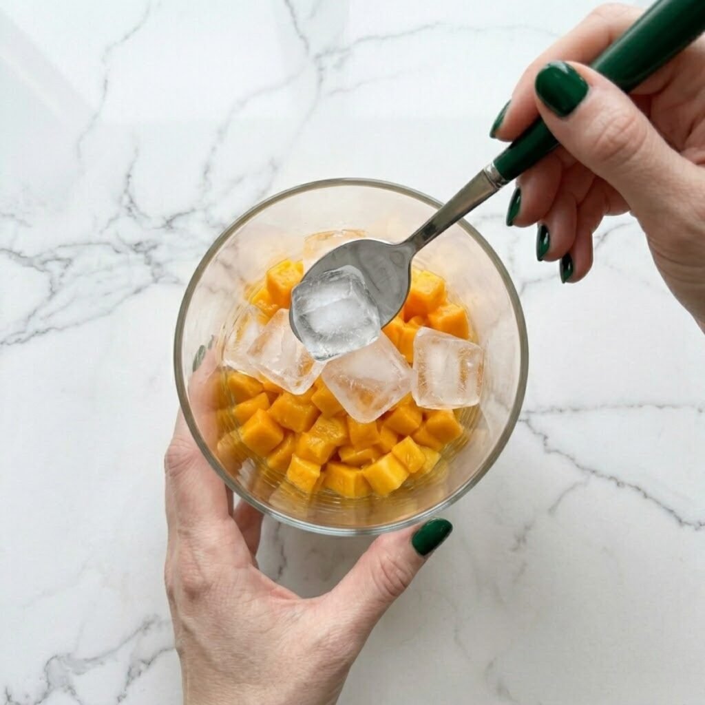 A close-up overhead top-down view of a woman with dark emerald green nails layering frosted ice cubes and diced mango cubes inside a tall clear glass cup on a modern white marble kitchen counter.