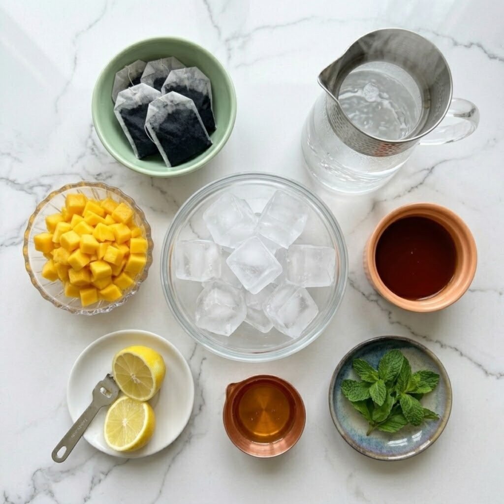 An overhead shot of pre-measured ingredients for mango iced tea, including black tea bags, diced mango, mango syrup, honey, and ice, arranged in various premium dishes and bowls on a high-end white marble counter.