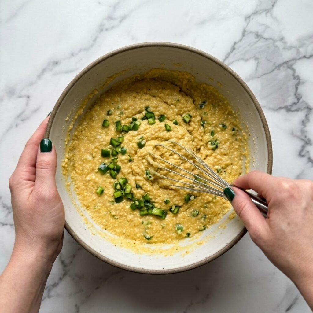 Close up overhead view of a woman mixing thick, golden cornbread batter flecked with bright green diced jalapenos in a large bowl on a marble kitchen counter.