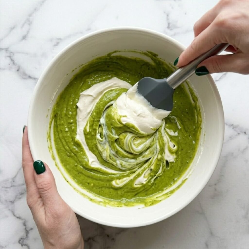 An overhead top-down close-up view of a woman with emerald green nails using a spatula to fold vibrant green pistachio cream into a thick, white mascarpone base inside a large ceramic bowl on a marble kitchen counter, creating a swirled texture.
