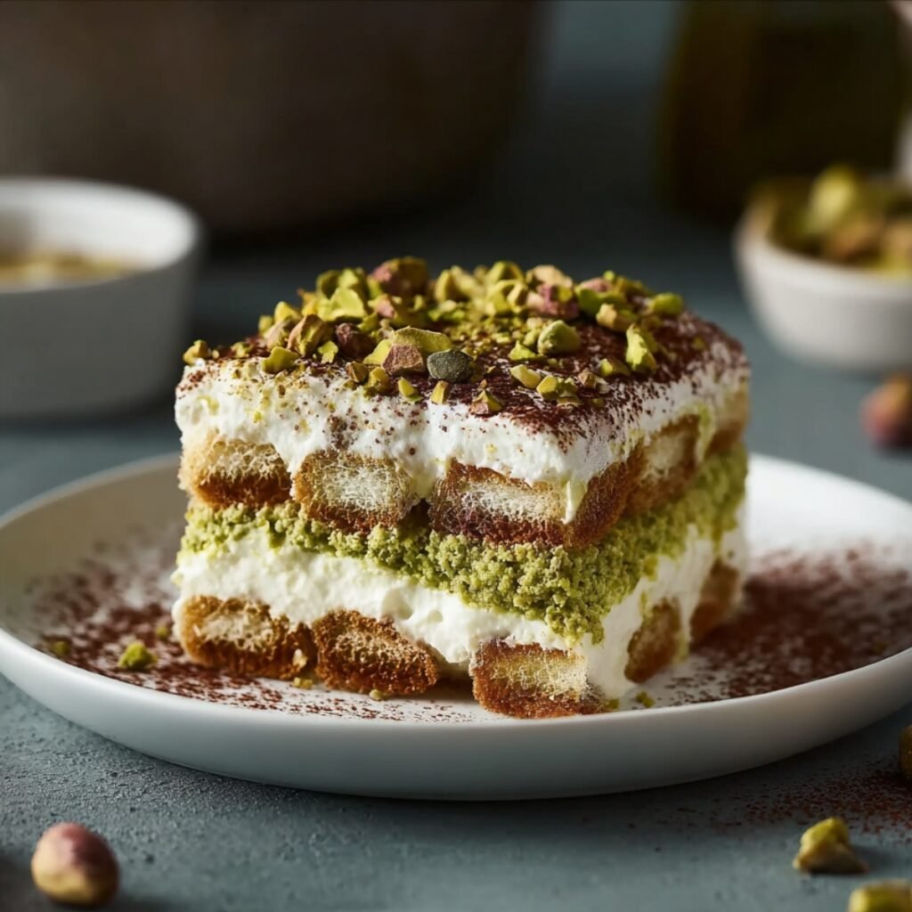 A slice of pistachio tiramisu on a white plate, showing distinct layers of espresso-soaked ladyfingers, mascarpone cream, and vibrant green pistachio powder, topped with whipped cream, cocoa dusting, and chopped pistachios, on a blue-gray surface.