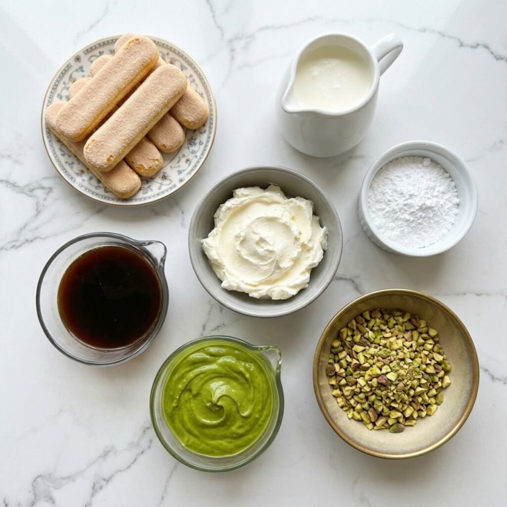 An overhead shot of pre-measured ingredients for pistachio tiramisu, including mascarpone cheese, heavy cream, ladyfingers, pistachio cream spread, cooled espresso, and chopped raw pistachios, all arranged in varied, cohesive premium bowls and dishes on a high-end white marble counter.