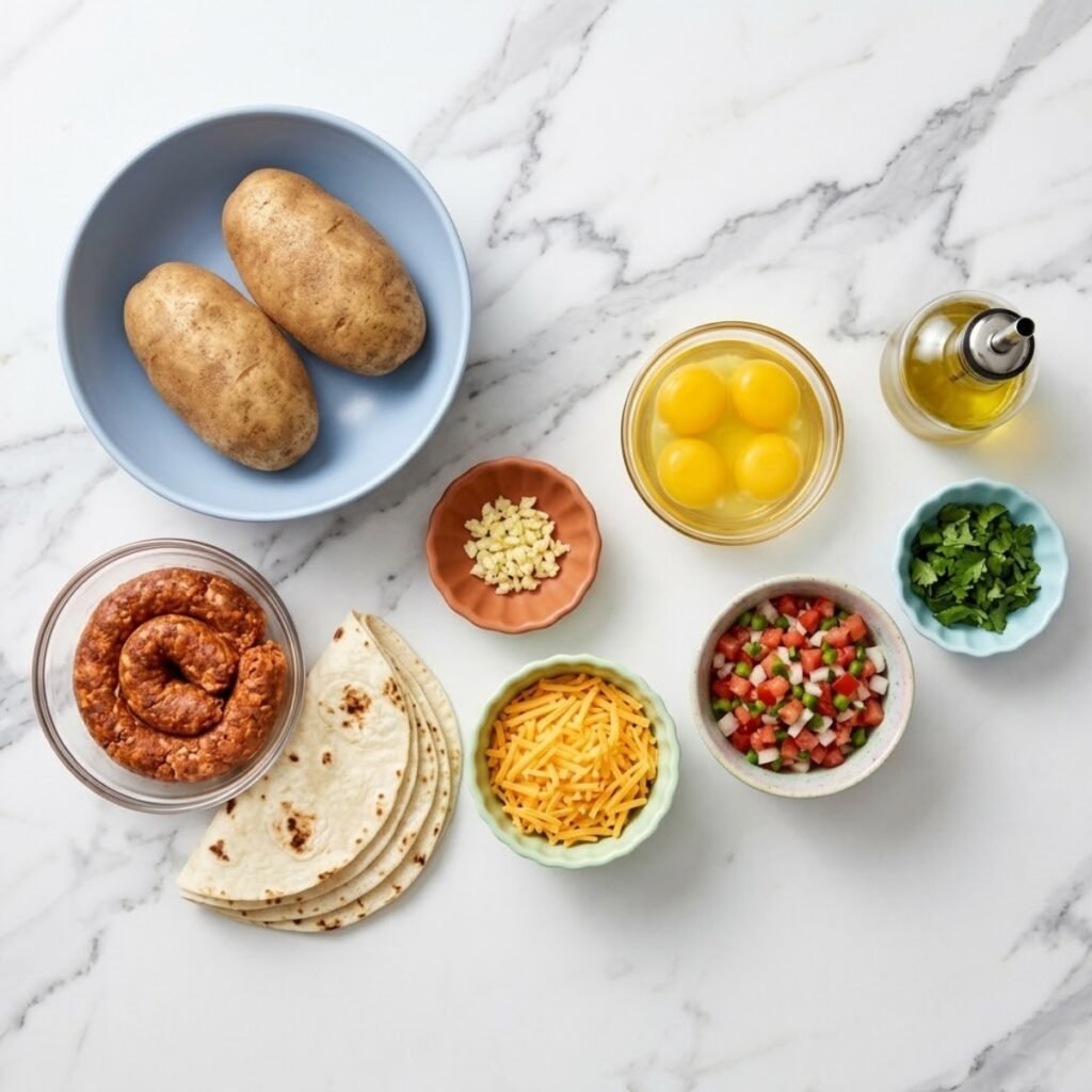 Overhead top-down square photograph of the raw ingredients for the potato, egg, and cheese breakfast tacos, including russet potatoes, chorizo, tortillas, eggs, cheddar, pico de gallo, and oil, all in distinct bowls on a white marble counter.