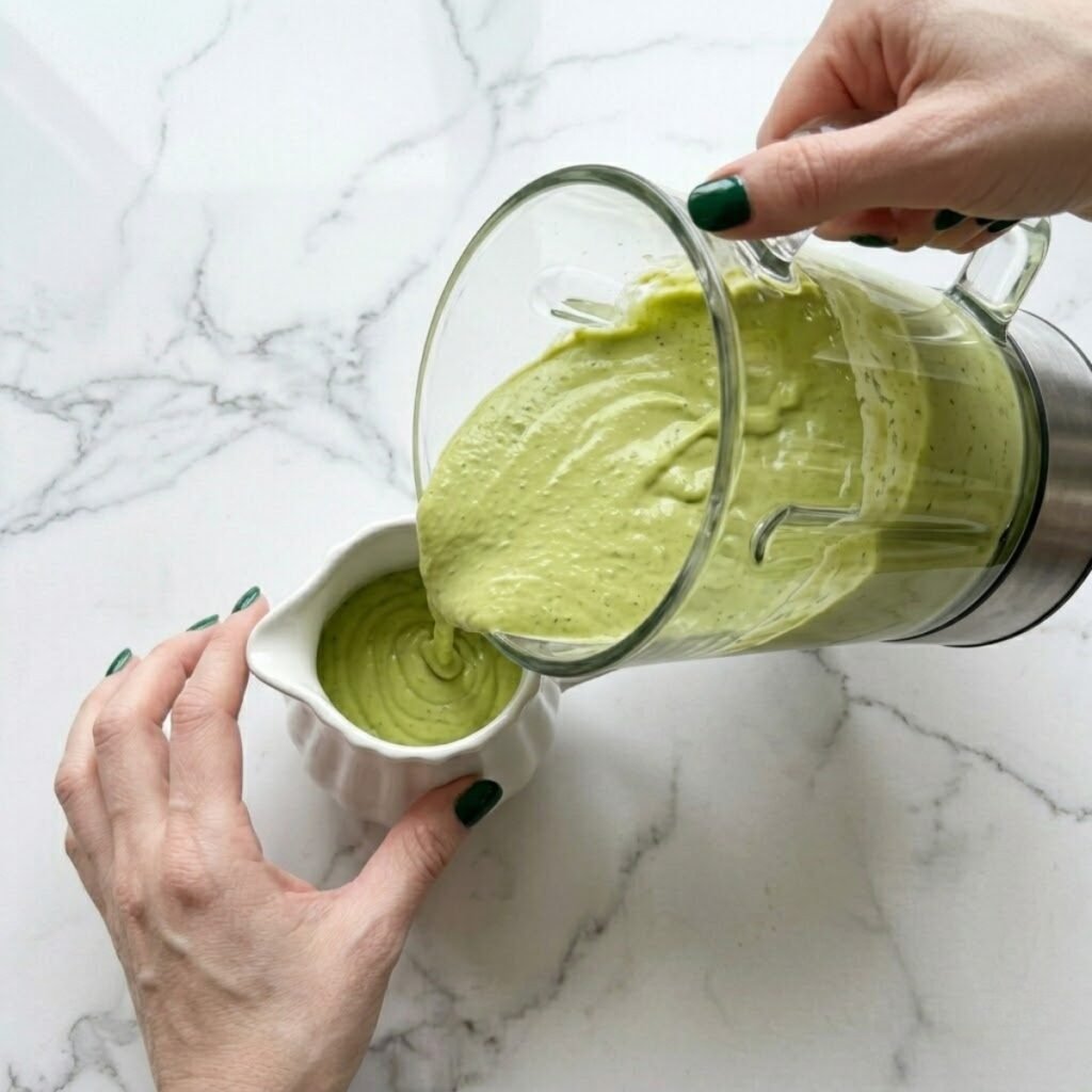 A close-up overhead top-down view of a woman with fog blue nails carefully pouring a silky, smooth, pale green creamy avocado sauce from a high-speed blender canister into a small serving pitcher on a modern white marble counter.