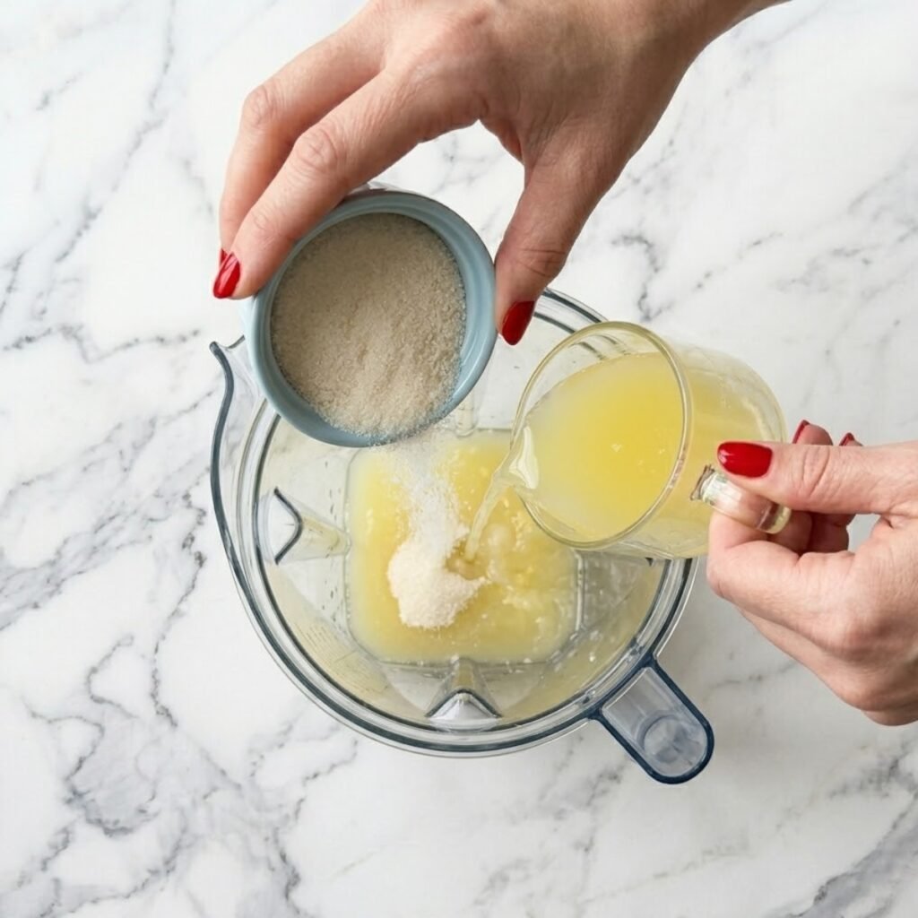 An overhead close-up view of a woman with classic red nails pouring fresh lemon juice from a glass pitcher into a high-speed blender canister on a modern white marble counter, dissolving sugar.